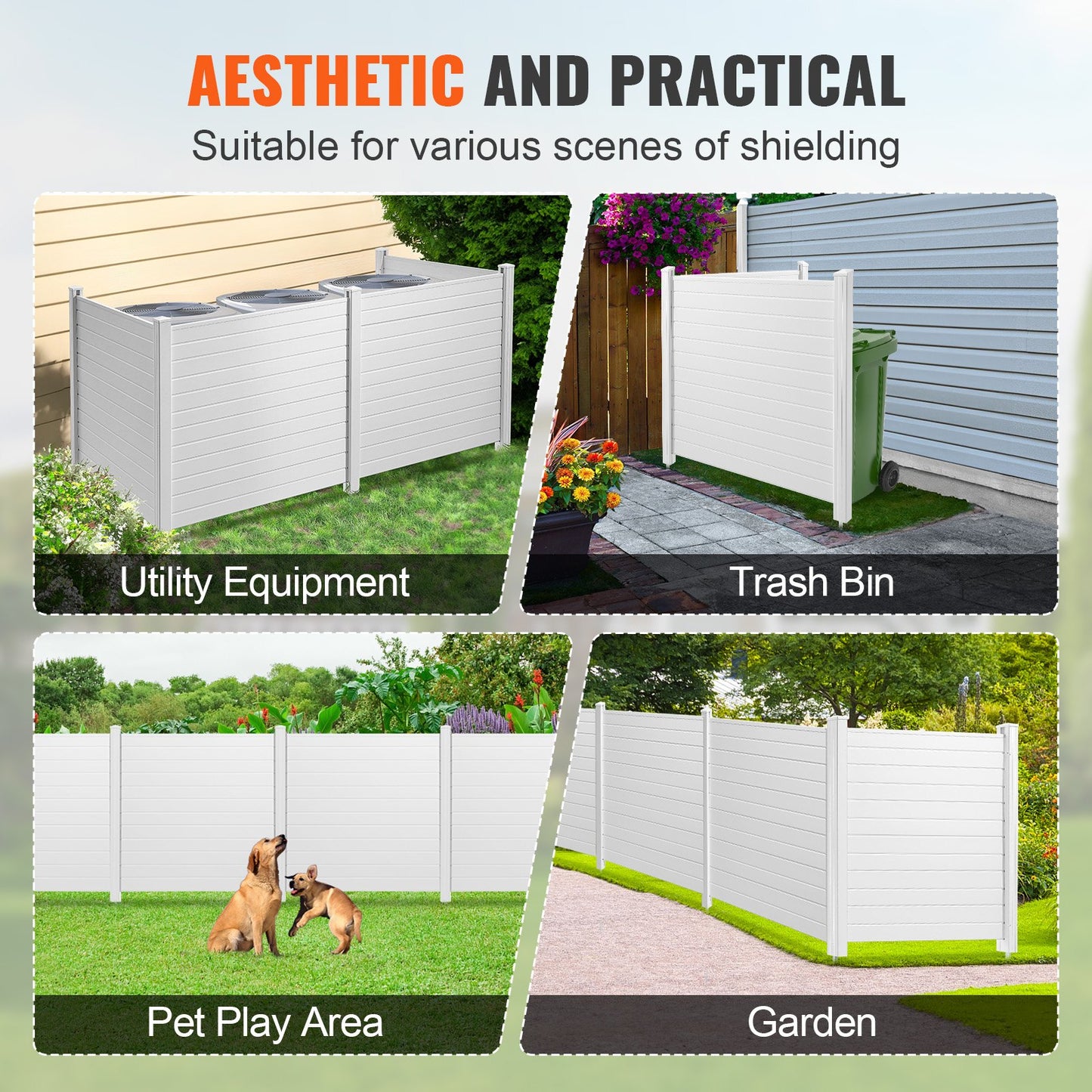 4x Garden Fence Panels 122x122cm Privacy Fence PVC and Galvanized Sheet Metal Ground Spike Windbreak Metal Posts Up to 50cm Slat Fence Plug-in Fence Privacy Screen Ideal for Pool Equipment Air Conditioners