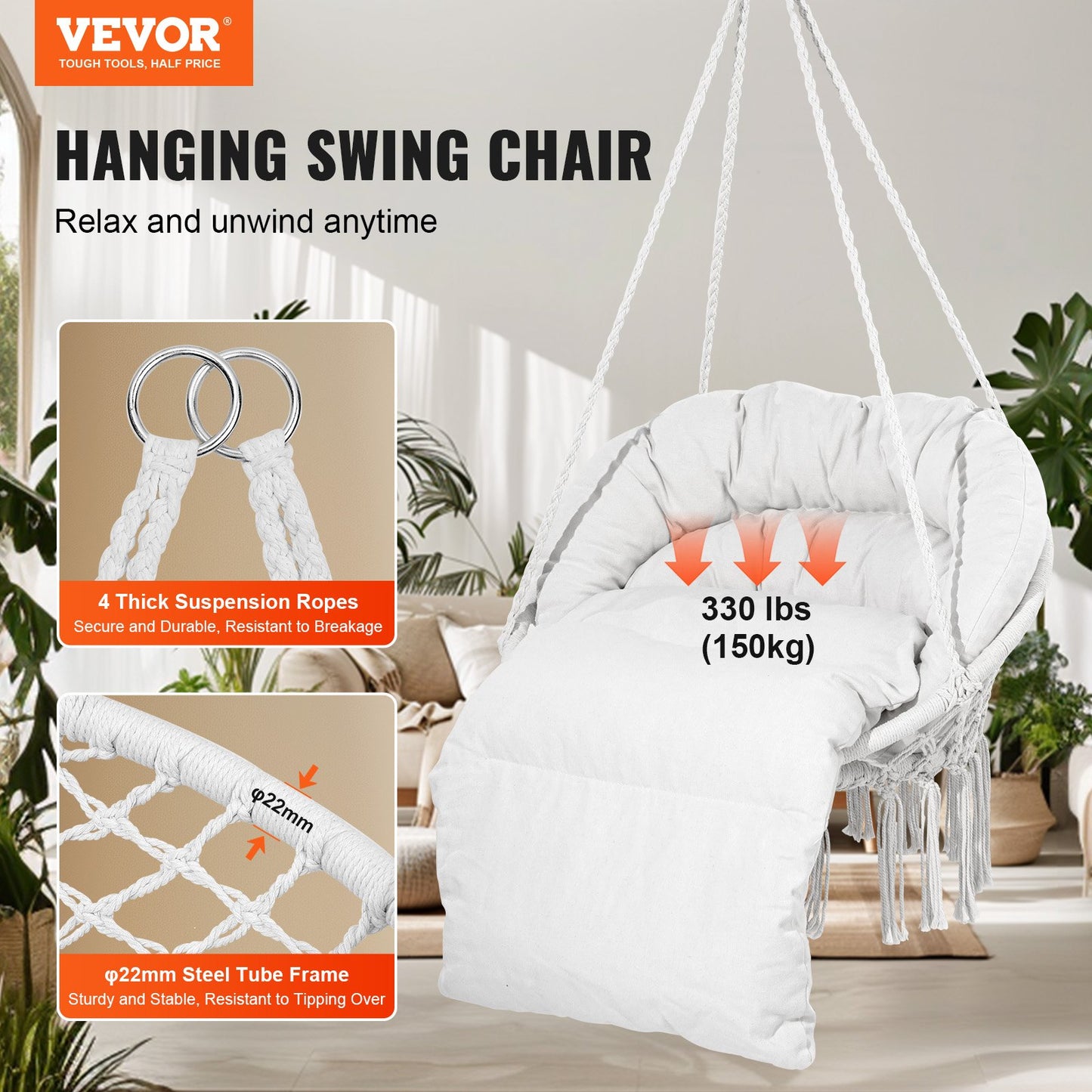 Hammock Chair, 150 kg Load Capacity, Macrame Hammock Chair with Cushion and Mounting Hardware, Cotton Rope Swing Chair for Bedroom, Balcony, Terrace, Garden, Beige