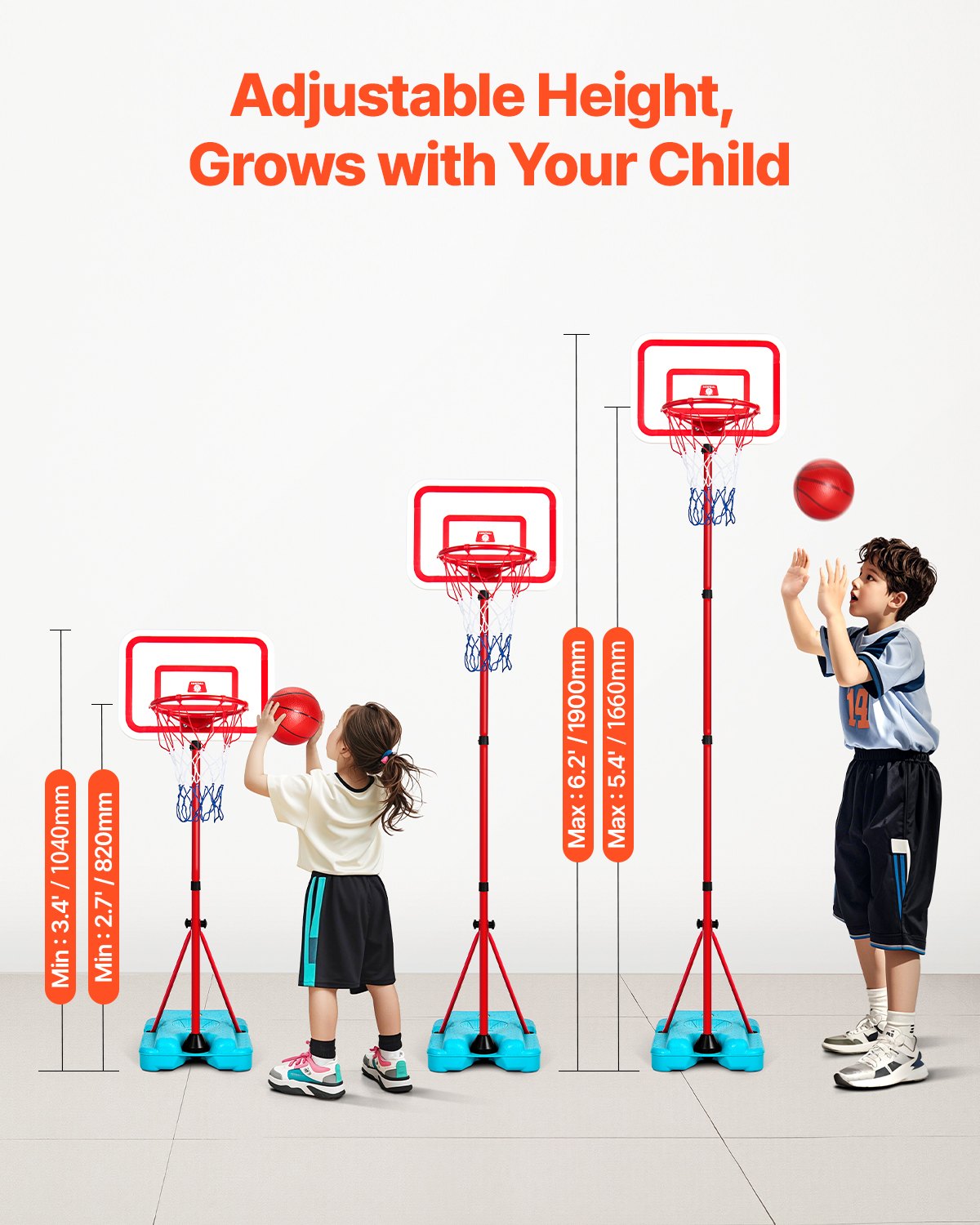 Kids' Basketball Hoop, Height-Adjustable, Portable Basketball Set with Fillable Base, Garden Sports Game, Basketball Toy for Toddlers Ages 3-8, Boys & Girls