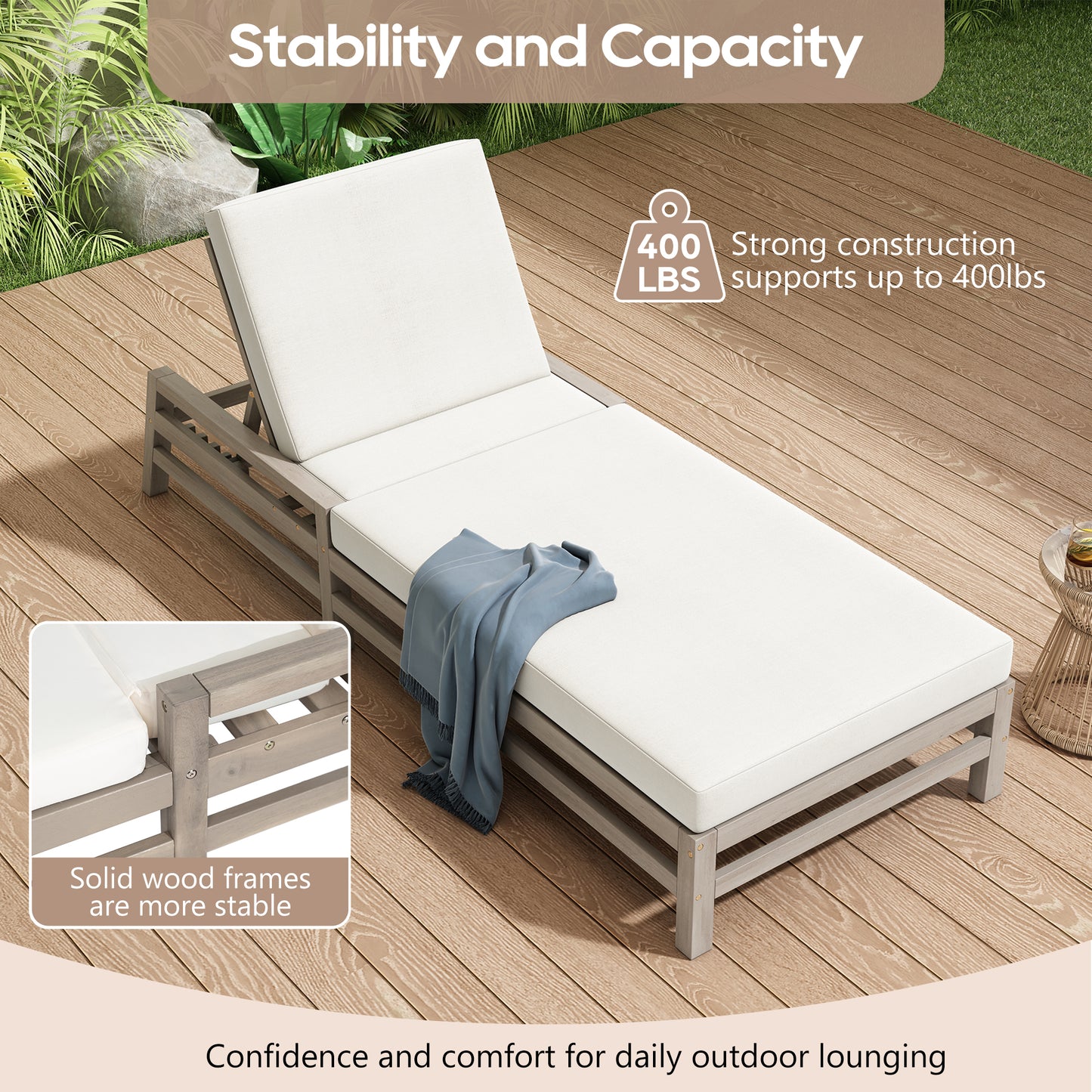 TREXM 5-Position Adjustable Outdoor Chaise Lounge Set Of 2 Solid Wood Patio Recliner Chair With Thick Cushions Weather-Resistant For Pool, Balcony & Garden, Gray