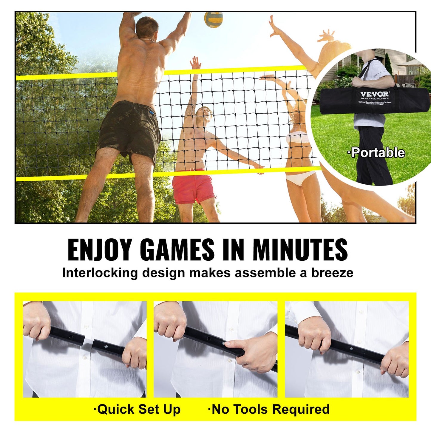 Height-Adjustable Volleyball Net Set, Portable Beach Volleyball Net, Outdoor Foldable Volleyball Net with Volleyball & Carry Bag, for Garden, Beach, Lawn, etc.