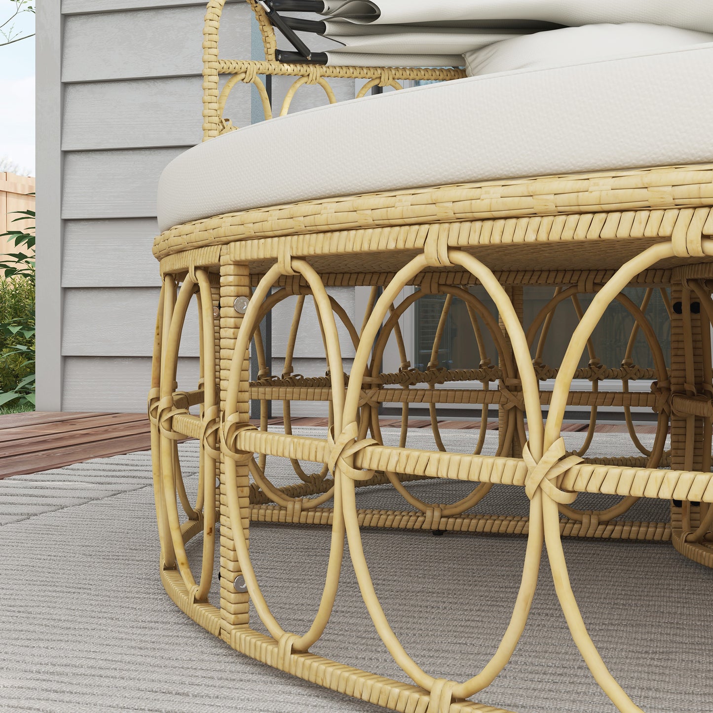 Patio Furniture Set, Round Outdoor Daybed with Ret retractable Canopy, Hollow Wicker PE Rattan Sectional Sofa with Washable Couch Cushions for Pool, Lawn, Cream White