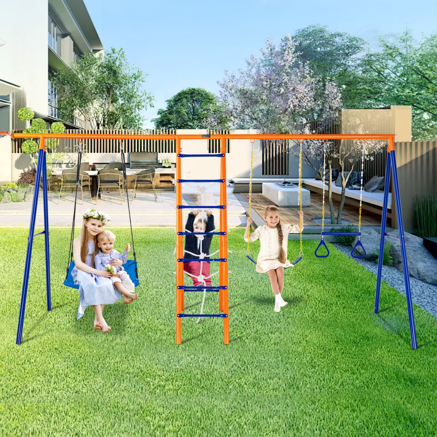 6-in-1 Garden Swing Set with 2 Swings, Trapeze Bar, Climbing Ladder