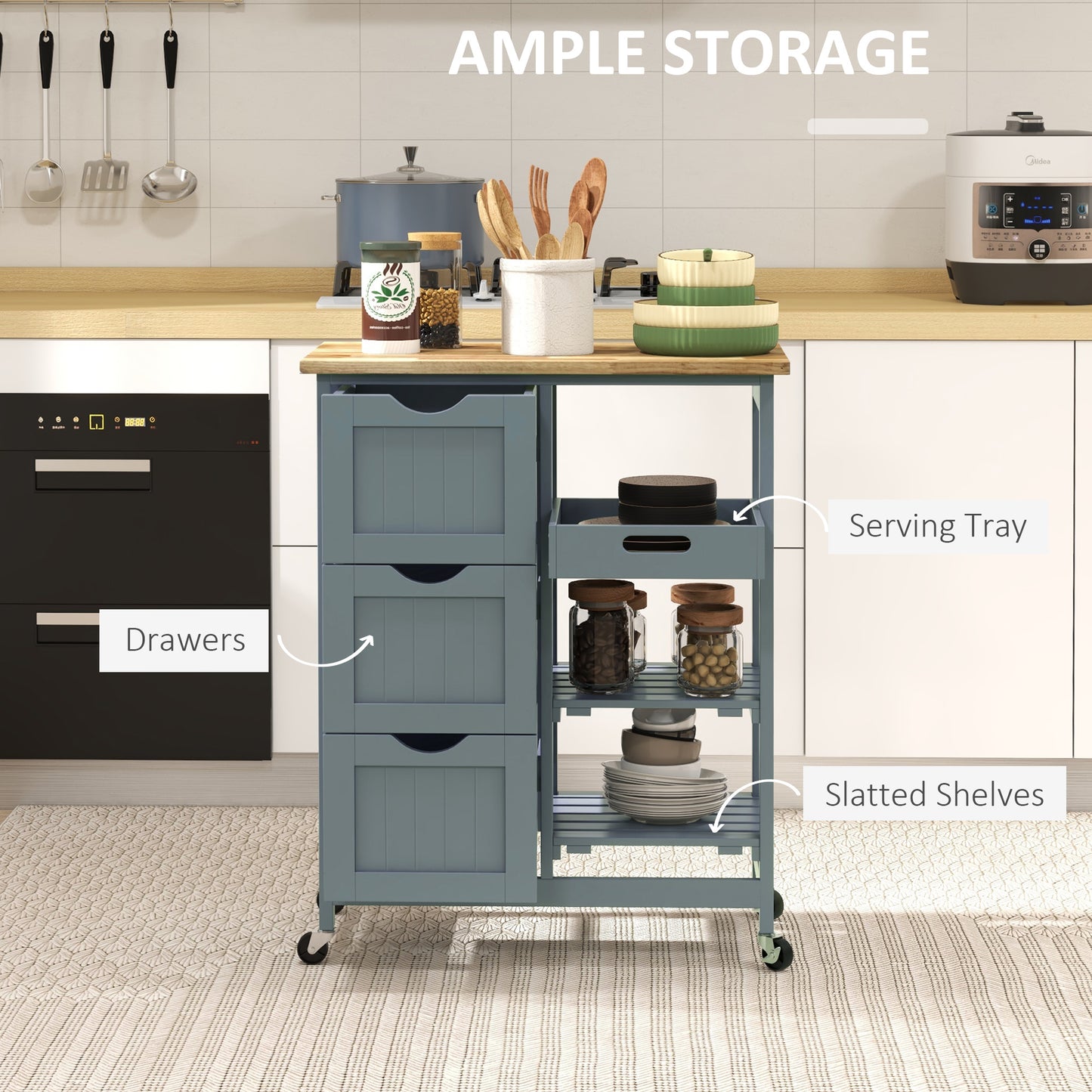 Kitchen Cart Wood Grey with Drawers