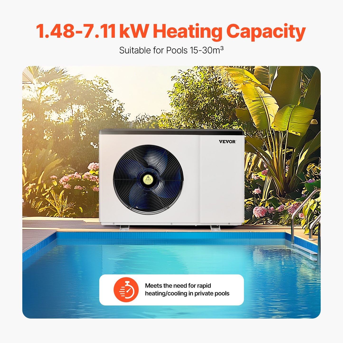 Electric Pool Heat Pump, 1.48–7.11 KW Heating Output, Energy-Saving Variable Frequency Pool Heaters for 15–30 M³ Above-Ground Pools, Heating and Cooling Pool Water Heater