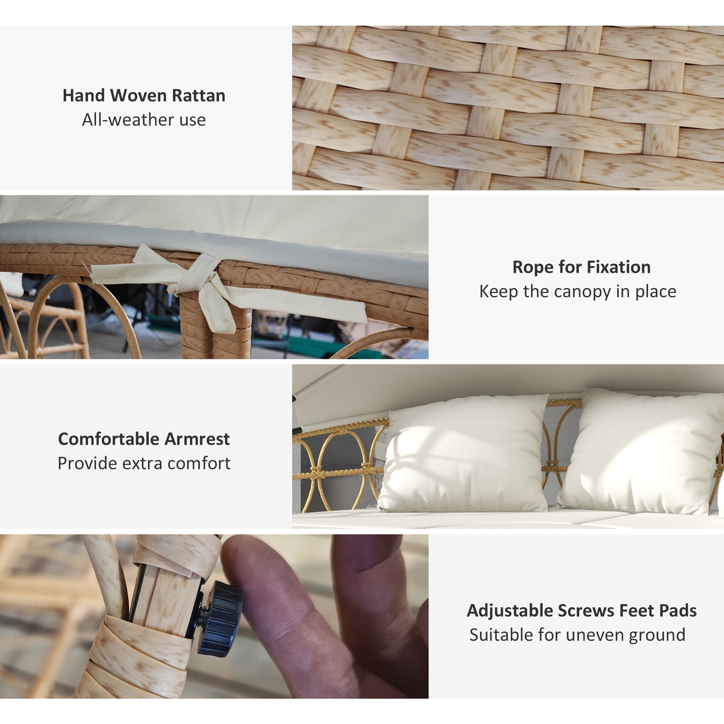 Patio Furniture Set, Round Outdoor Daybed with Ret retractable Canopy, Hollow Wicker PE Rattan Sectional Sofa with Washable Couch Cushions for Pool, Lawn, Cream White