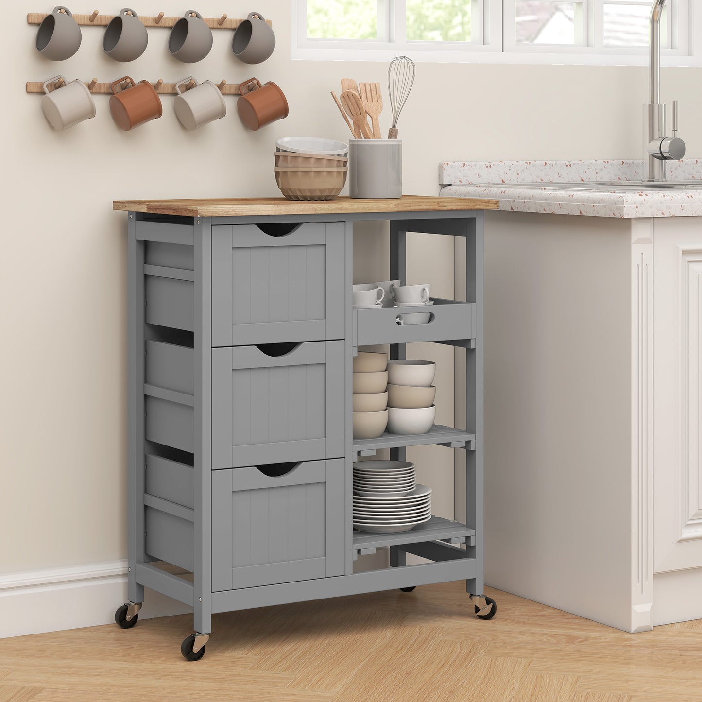 Kitchen Cart Wood Grey with Drawers