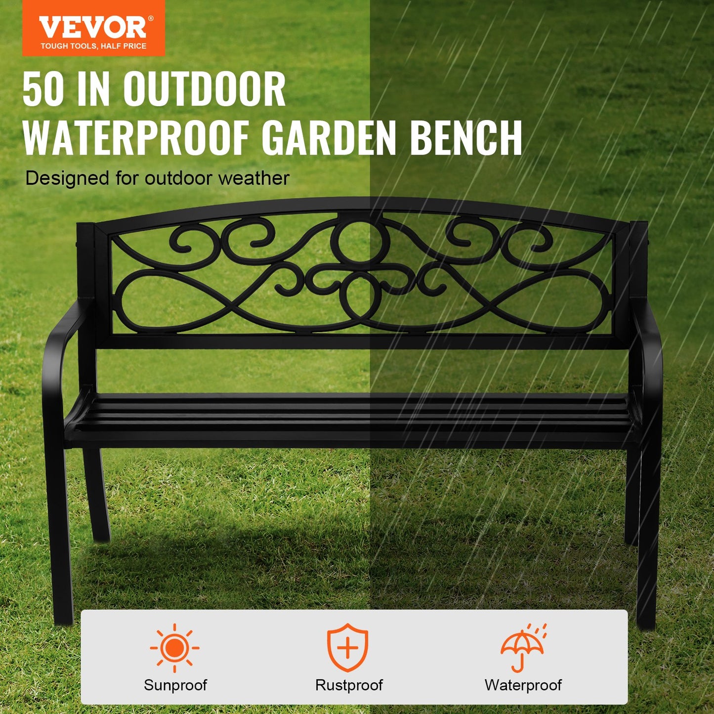 Metal Garden Bench Patio Bench, 127 cm Park Bench Rest Bench 250 kg Load Capacity, 3-Seater Garden and Park Bench with Backrest & Armrests, Vintage Bench for Garden, Park, Yard, Porch