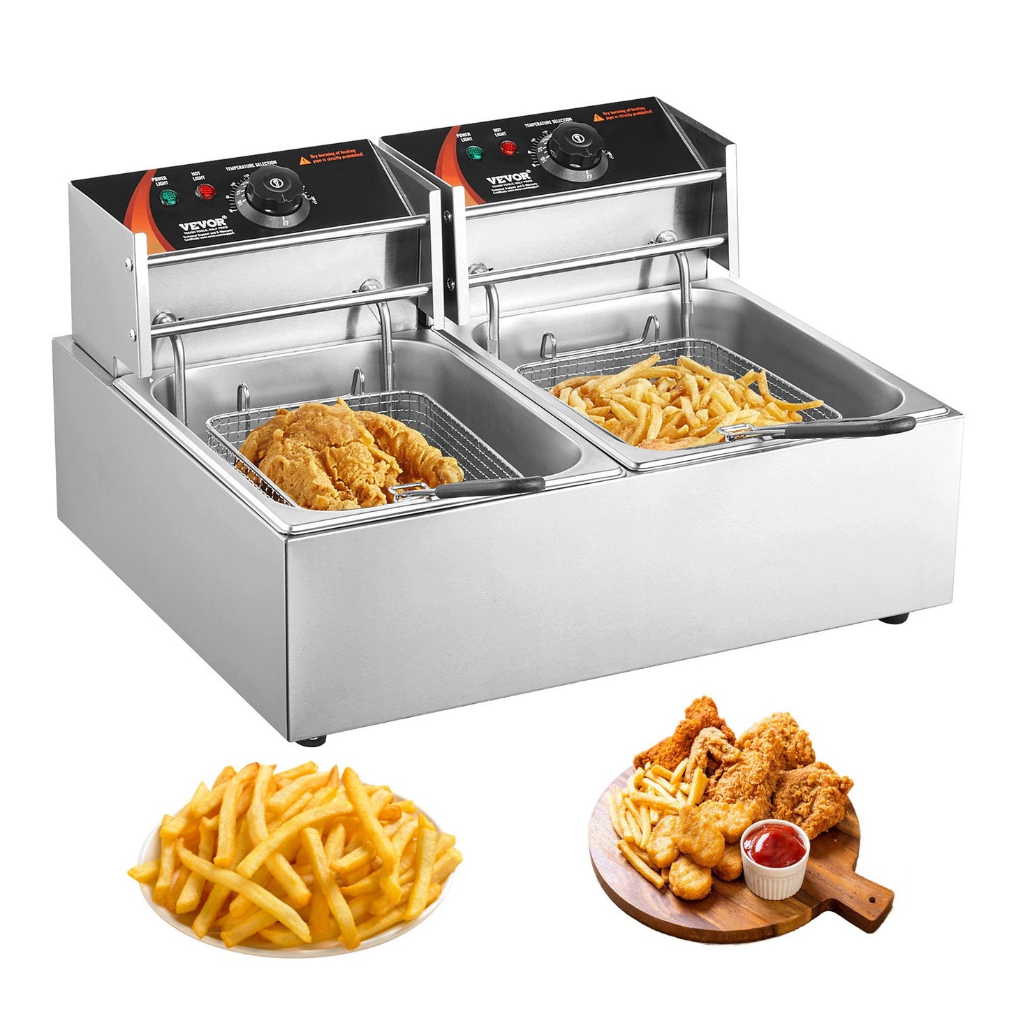 Commercial Electric Deep Fryer, 24L Large Countertop Electric Deep Fryer with Removable Double Basket, 5000W Stainless Steel Double Fryer for Kitchen, Restaurant