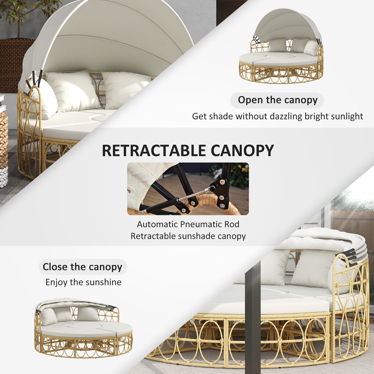 Patio Furniture Set, Round Outdoor Daybed with Ret retractable Canopy, Hollow Wicker PE Rattan Sectional Sofa with Washable Couch Cushions for Pool, Lawn, Cream White