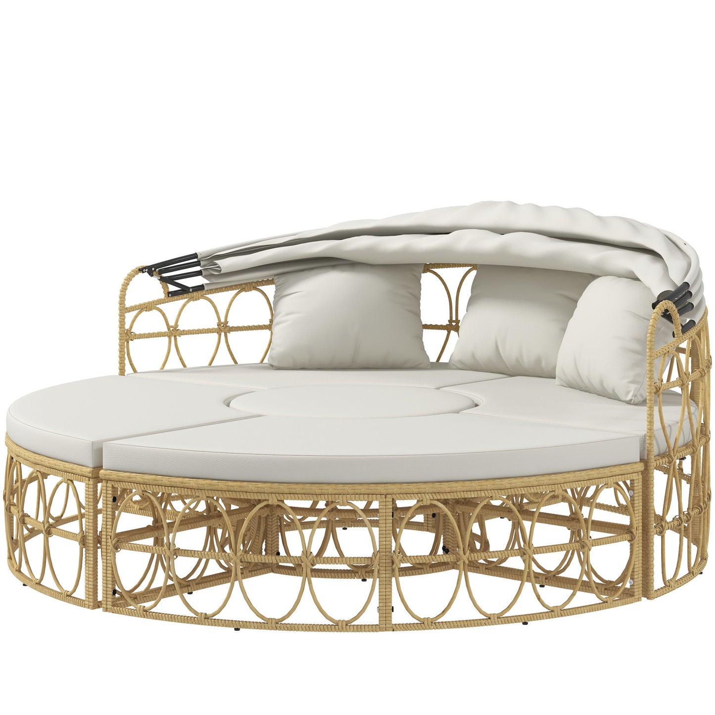Patio Furniture Set, Round Outdoor Daybed with Ret retractable Canopy, Hollow Wicker PE Rattan Sectional Sofa with Washable Couch Cushions for Pool, Lawn, Cream White