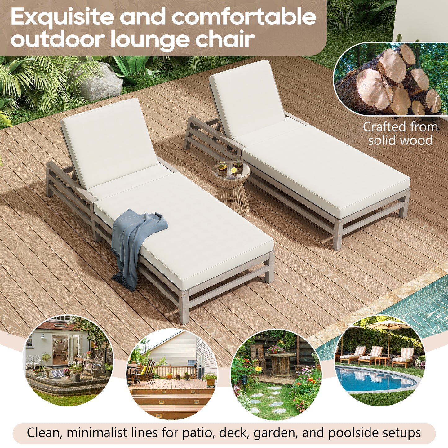 TREXM 5-Position Adjustable Outdoor Chaise Lounge Set Of 2 Solid Wood Patio Recliner Chair With Thick Cushions Weather-Resistant For Pool, Balcony & Garden, Gray
