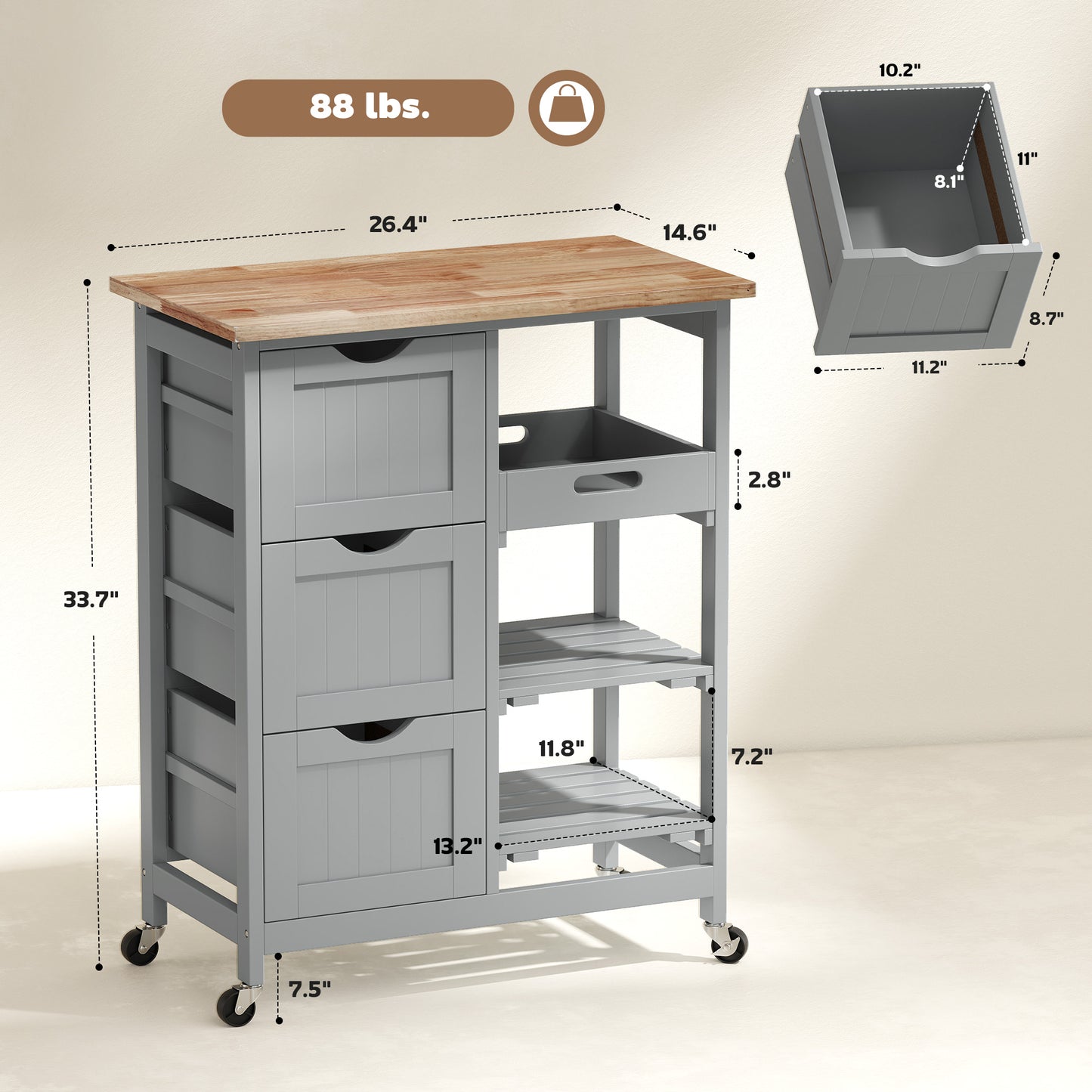 Kitchen Cart Wood Grey with Drawers