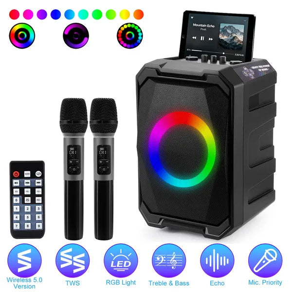 Wireless Party Speaker 2 Mics LED