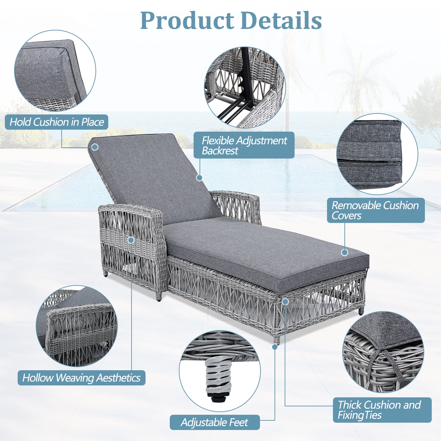 Gartenliege Rattan 2er-Set verstellbar grau
