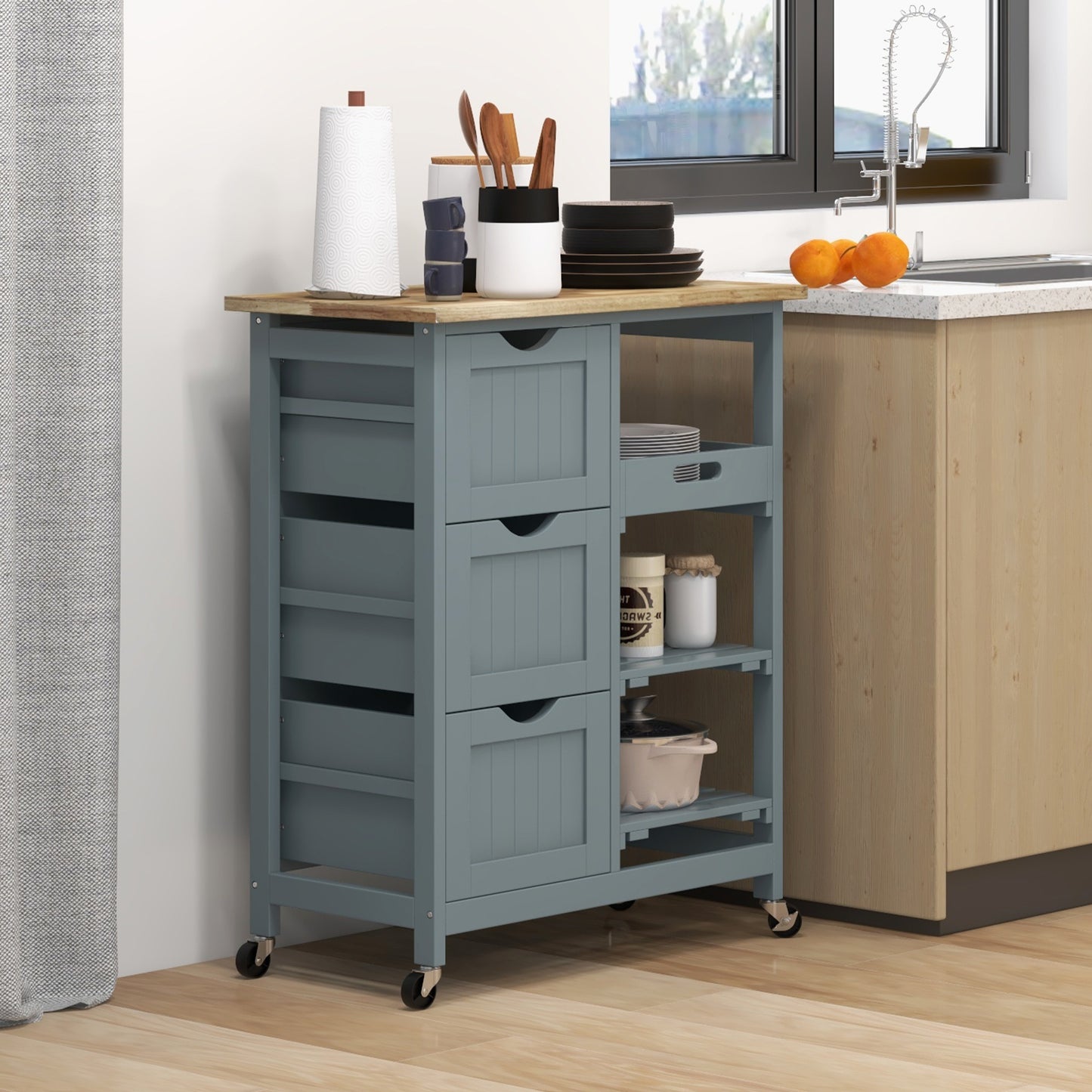 Kitchen Cart Wood Grey with Drawers