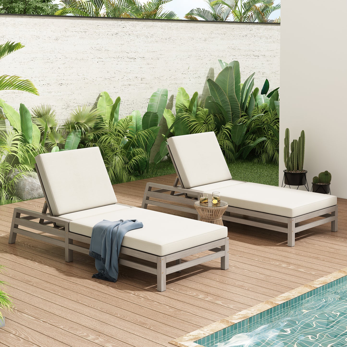 TREXM 5-Position Adjustable Outdoor Chaise Lounge Set Of 2 Solid Wood Patio Recliner Chair With Thick Cushions Weather-Resistant For Pool, Balcony & Garden, Gray