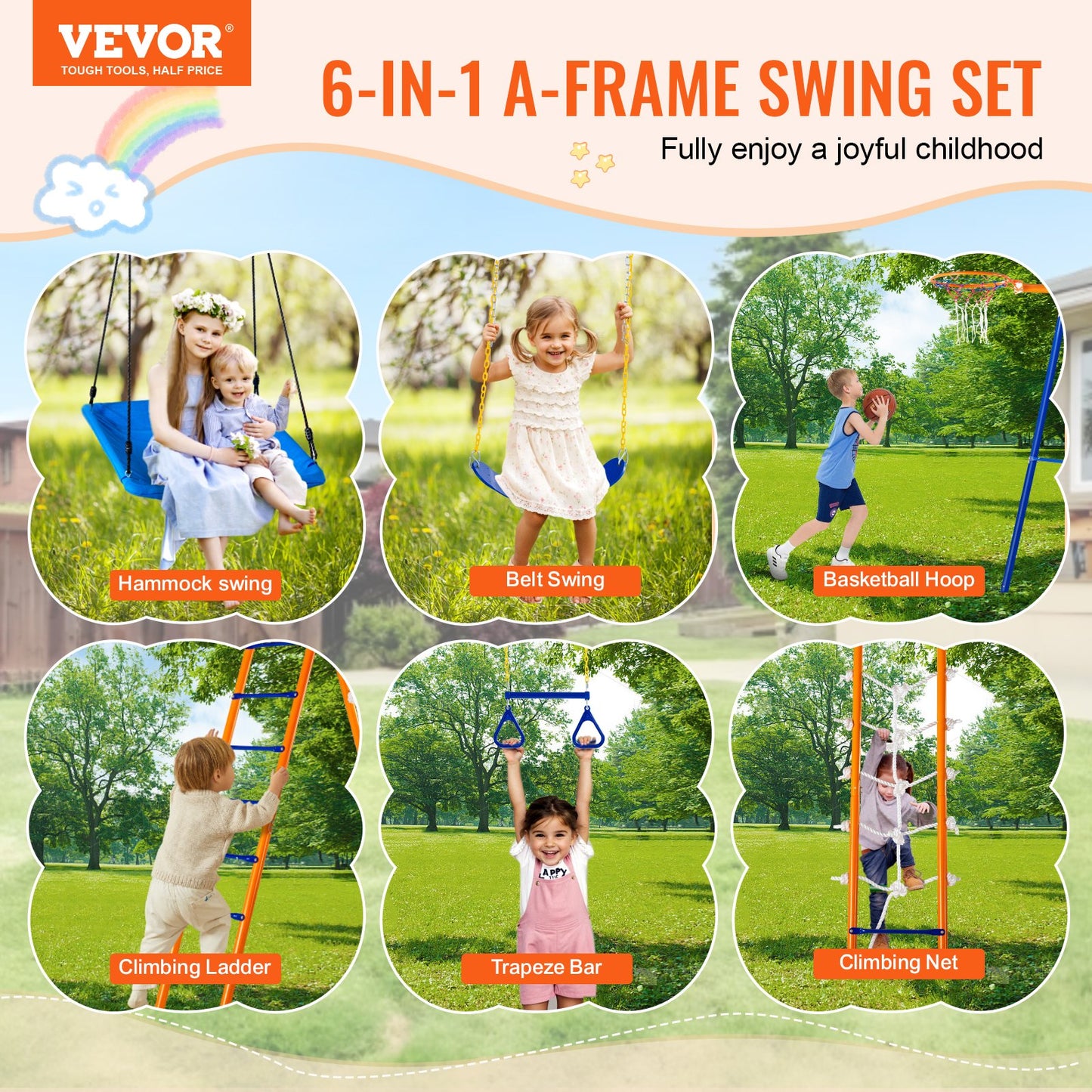 6-in-1 Garden Swing Set with 2 Swings, Trapeze Bar, Climbing Ladder