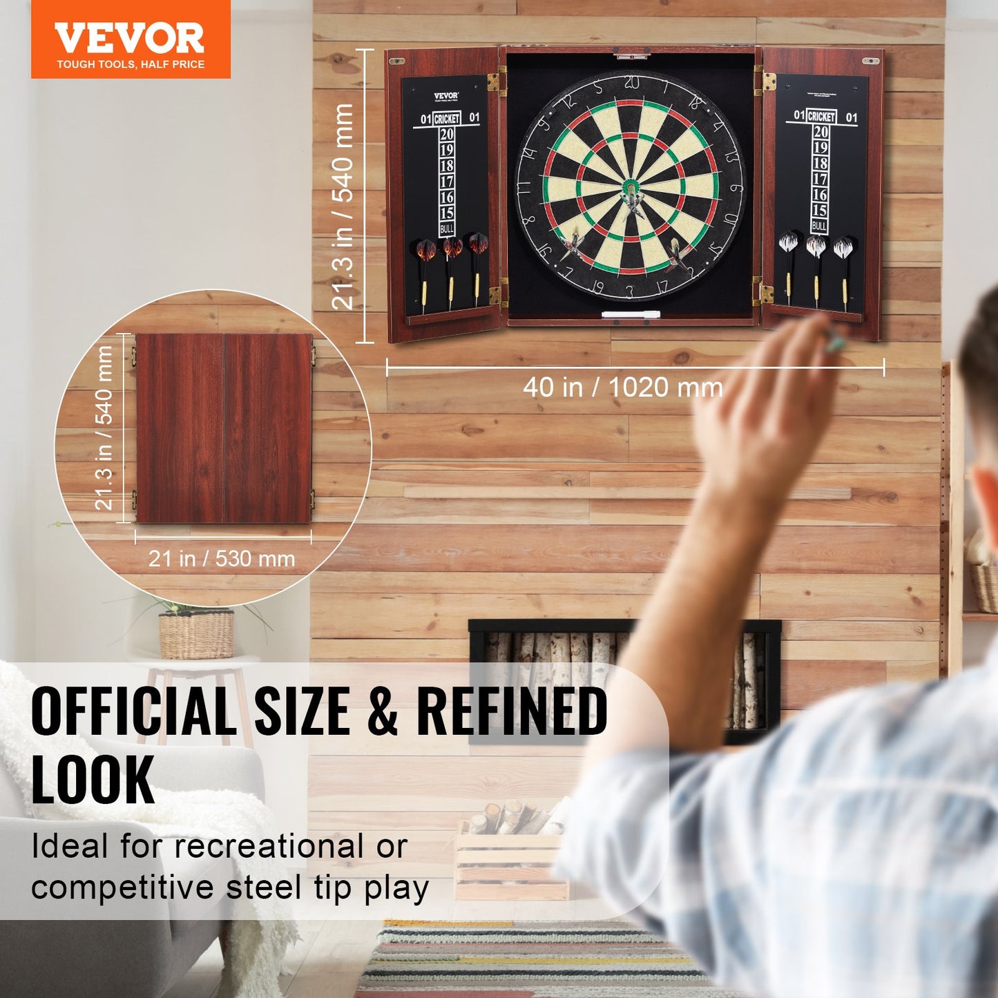 Dartboard and Cabinet Set Official Size Dartboard Cabinet, 45 x 3.8 cm Dartboard, Hideable Dart Cabinet with Steel Tip Darts, Complete with All Accessories, for Cricket Games