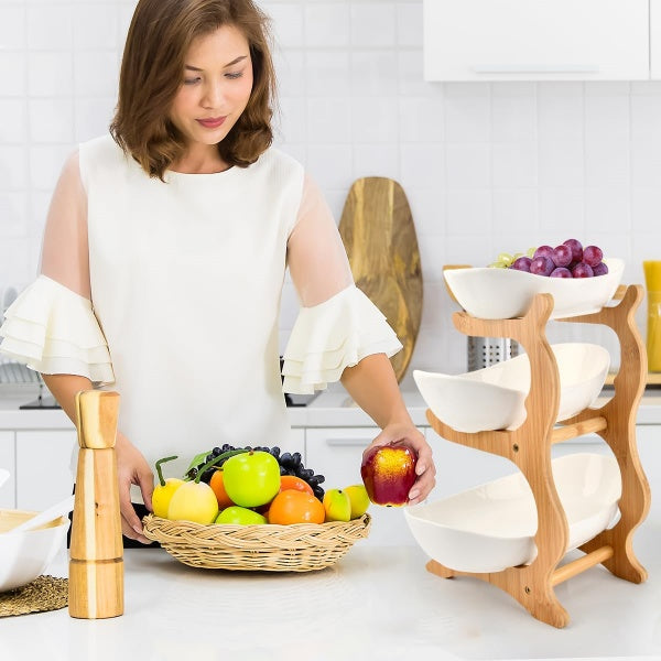 3-Tier Fruit Bowl – Multi-tiered Serving Platter with Wooden Stand