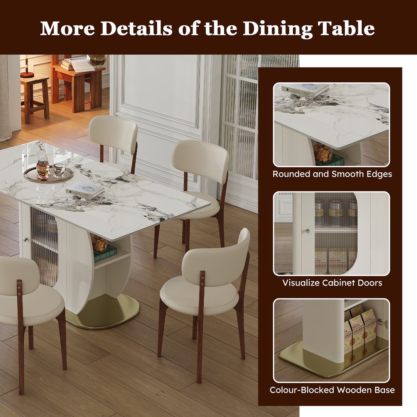 63 Modern 4-6 Person Dining Table Set With Storage, Burnt Stone Tabletop & Gold Solid Wood Base, Includes 6 White PU Chairs For Kitchen, Apartment