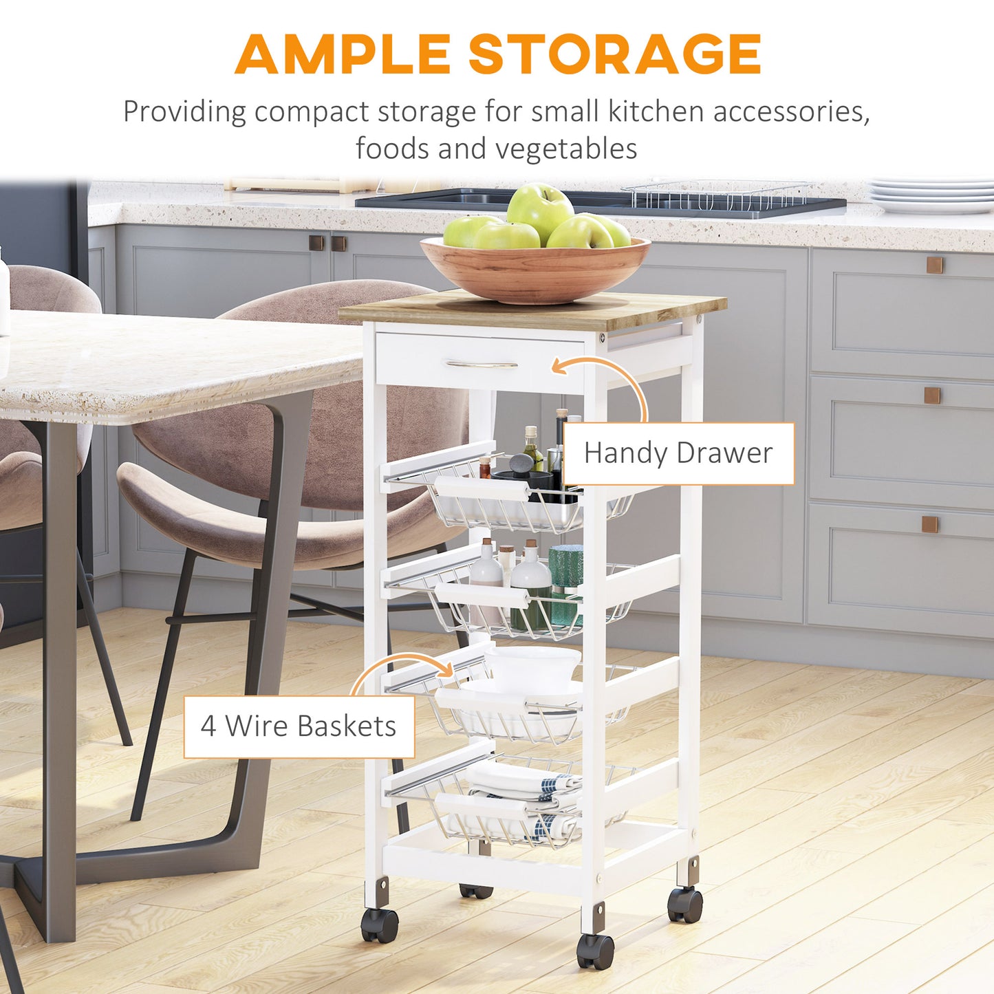 White Wooden Mobile Kitchen Cart
