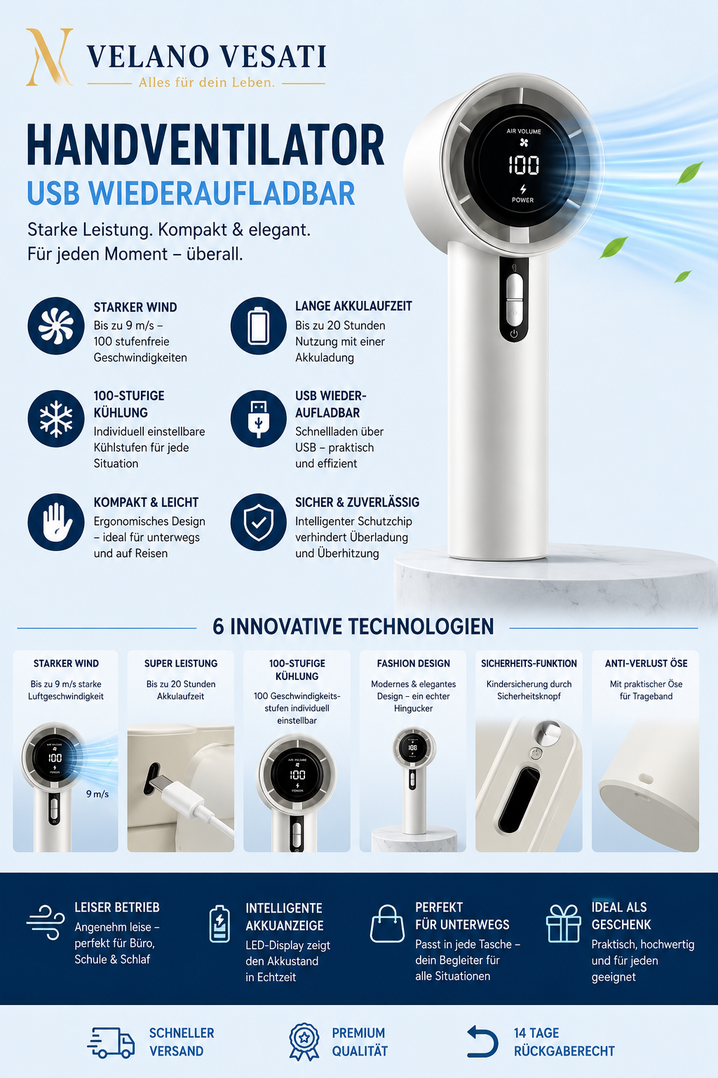 Velano Vesati Handventilator USB aufladbar