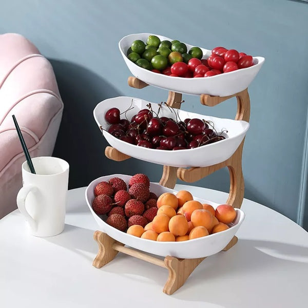 3-Tier Fruit Bowl – Multi-tiered Serving Platter with Wooden Stand