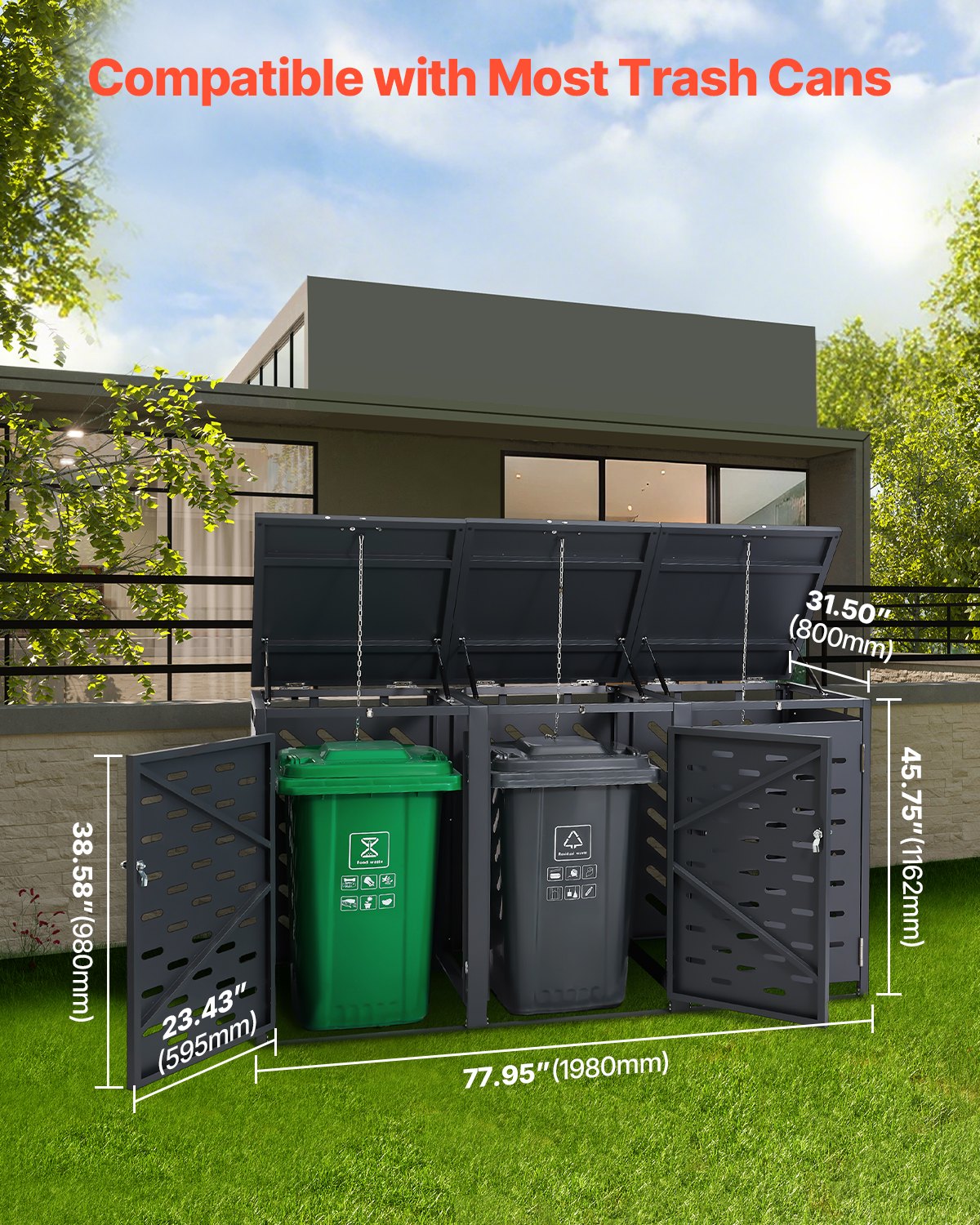 Waste Bin Shed, 3 x 240L Wheelie Bin Storage, Dustbin Enclosure, Lockable Waste Bin Storage Shed, For Waste Bin, Garden, Backyard And Patio