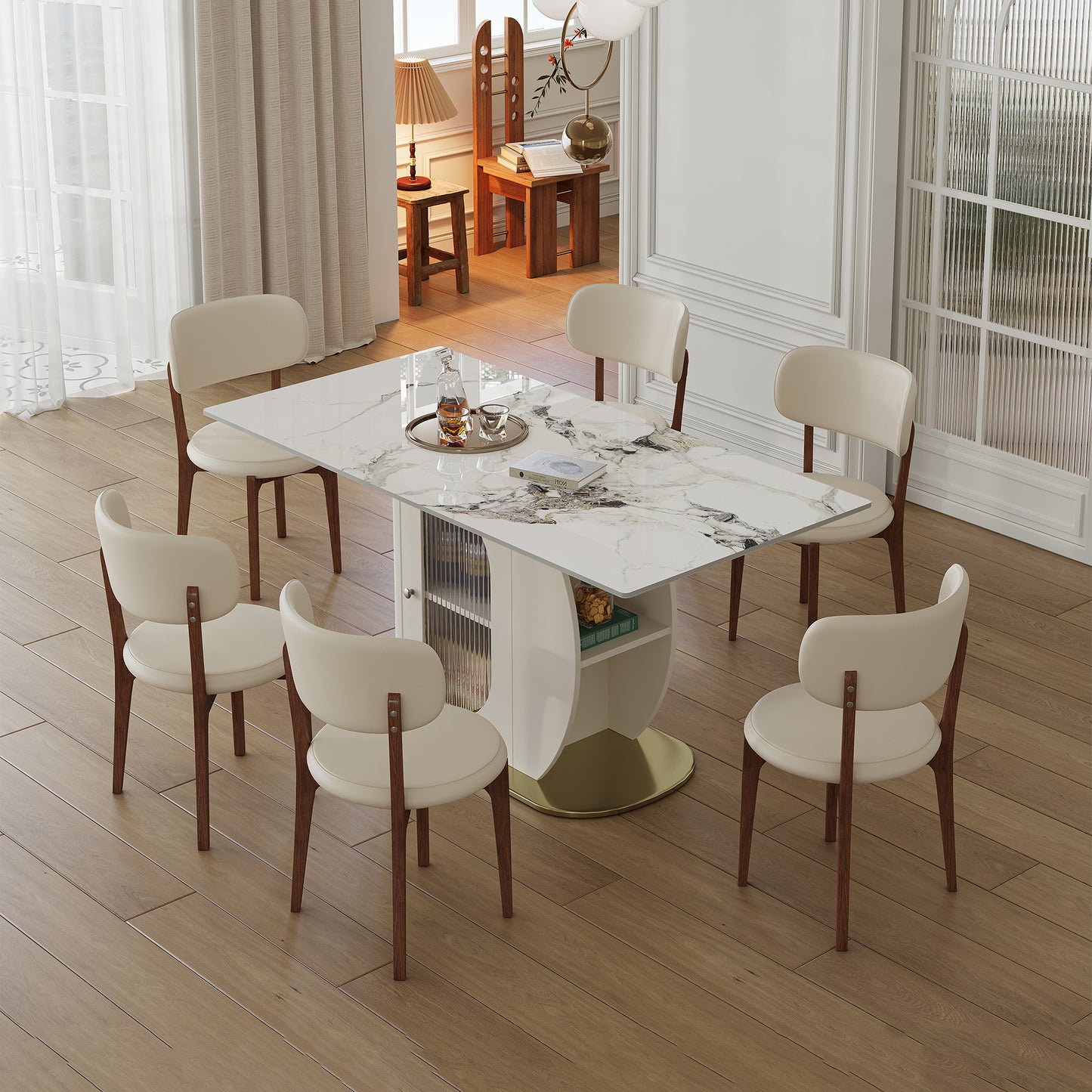 63 Modern 4-6 Person Dining Table Set With Storage, Burnt Stone Tabletop & Gold Solid Wood Base, Includes 6 White PU Chairs For Kitchen, Apartment