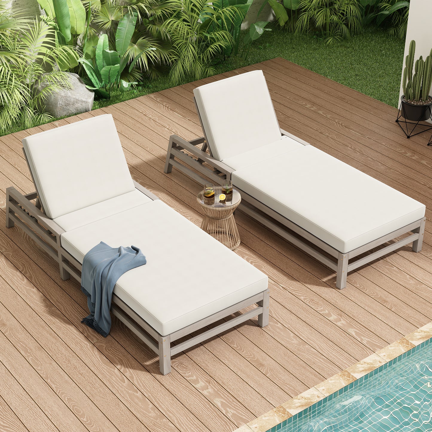 TREXM 5-Position Adjustable Outdoor Chaise Lounge Set Of 2 Solid Wood Patio Recliner Chair With Thick Cushions Weather-Resistant For Pool, Balcony & Garden, Gray