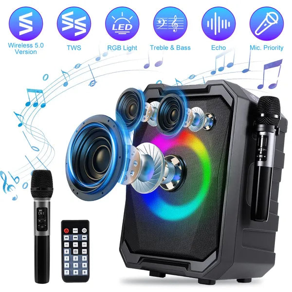 Wireless Party Speaker 2 Mics LED