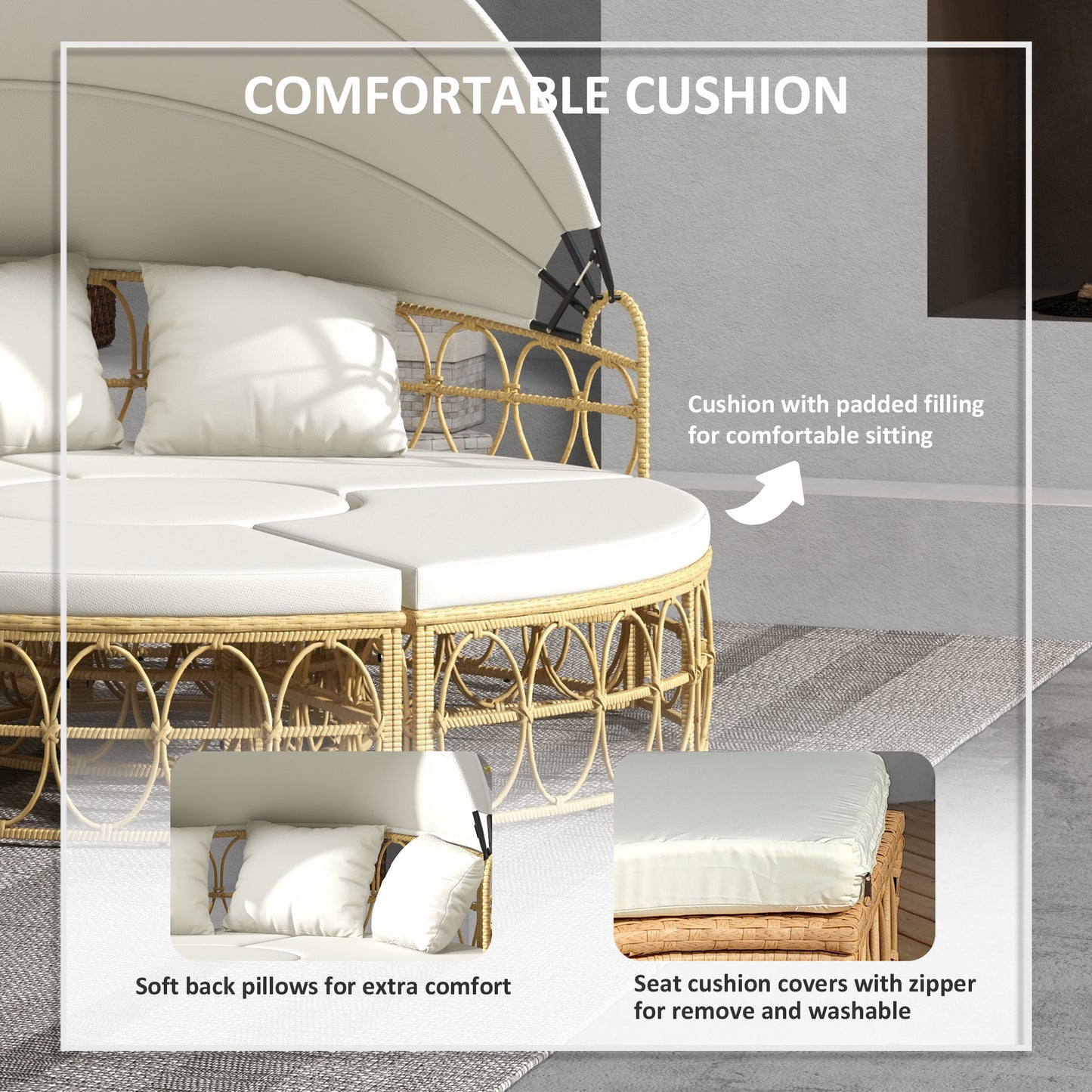 Patio Furniture Set, Round Outdoor Daybed with Ret retractable Canopy, Hollow Wicker PE Rattan Sectional Sofa with Washable Couch Cushions for Pool, Lawn, Cream White