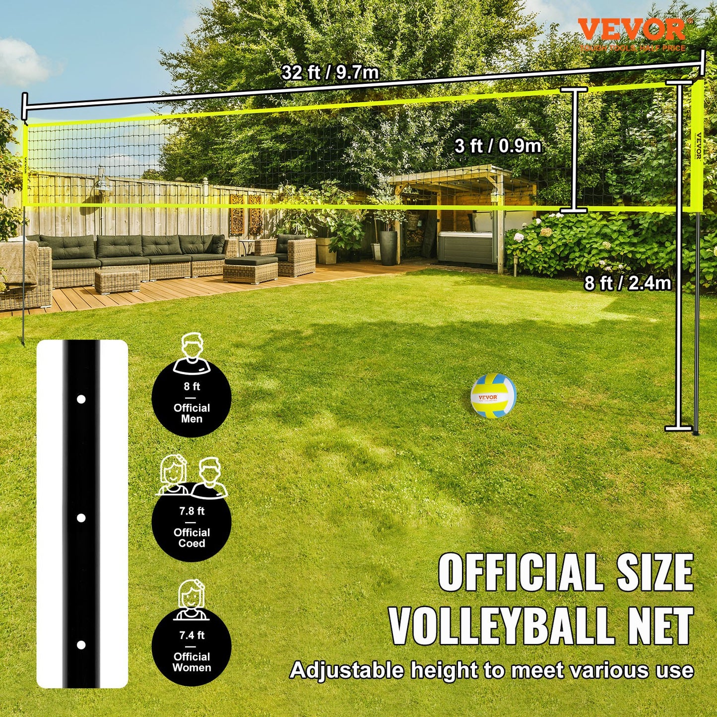 Height-Adjustable Volleyball Net Set, Portable Beach Volleyball Net, Outdoor Foldable Volleyball Net with Volleyball & Carry Bag, for Garden, Beach, Lawn, etc.