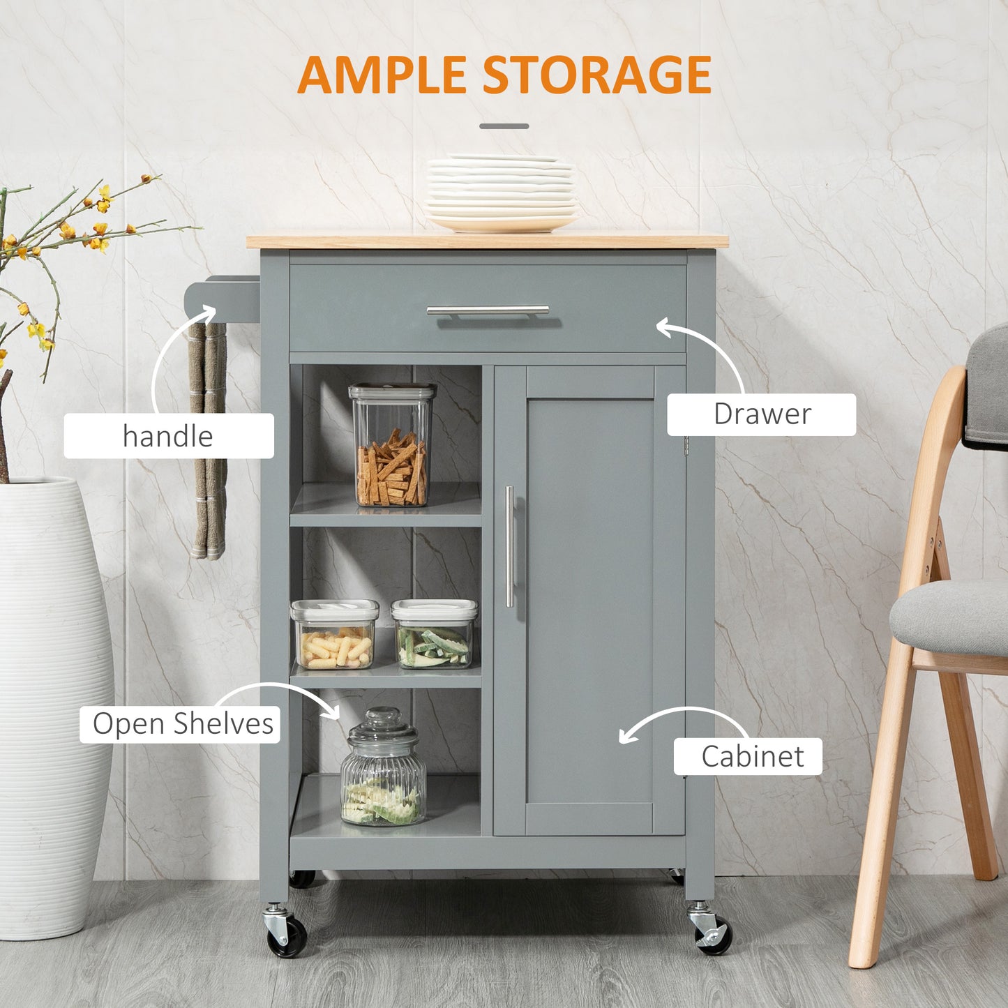 Rolling kitchen cart with cabinet