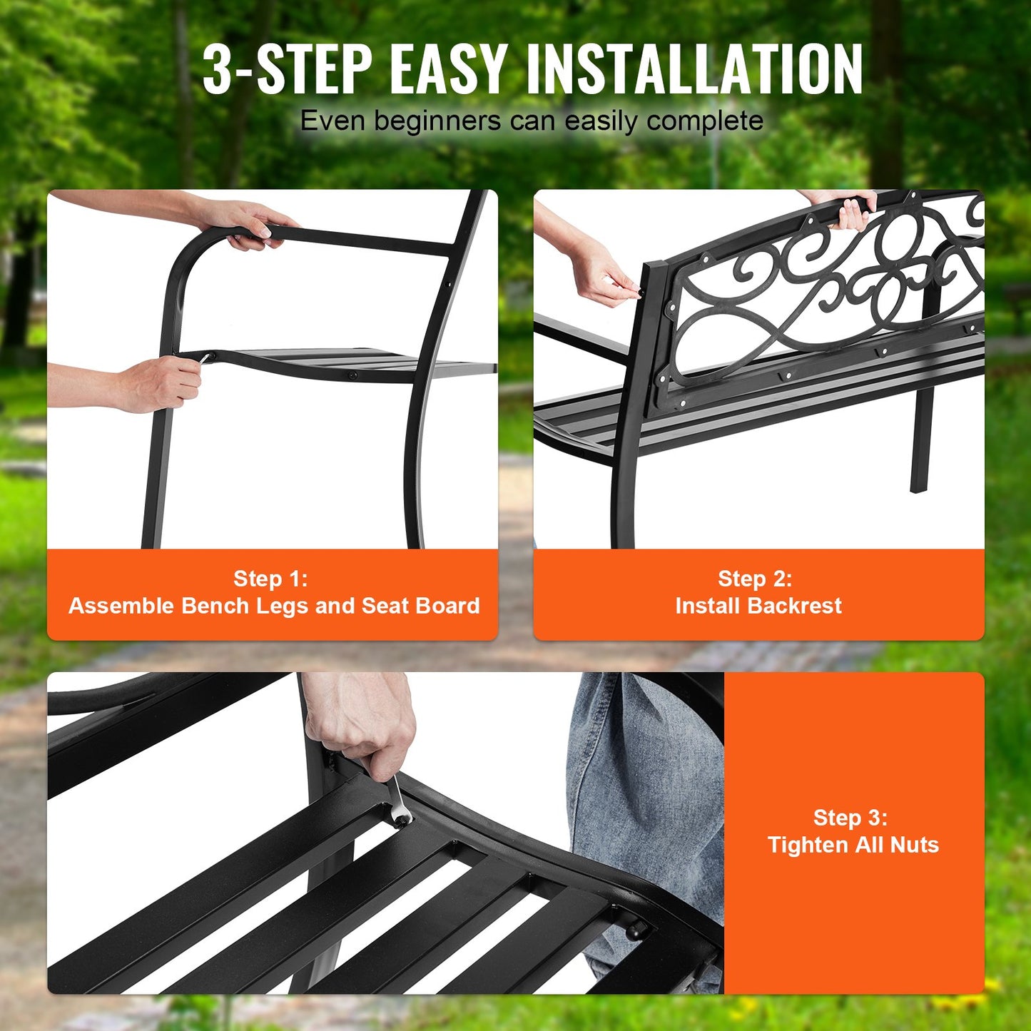 Metal Garden Bench Patio Bench, 127 cm Park Bench Rest Bench 250 kg Load Capacity, 3-Seater Garden and Park Bench with Backrest & Armrests, Vintage Bench for Garden, Park, Yard, Porch