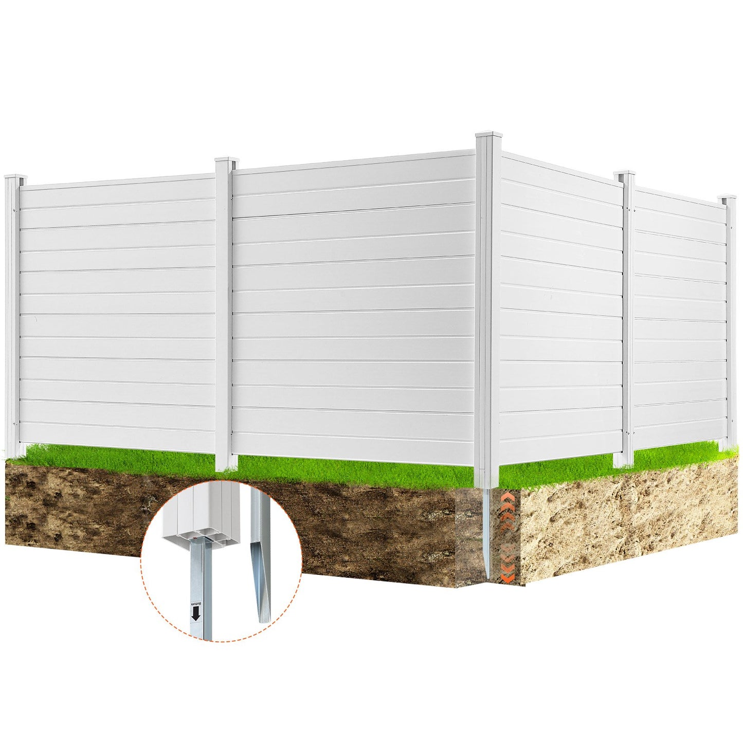 4x Garden Fence Panels 122x122cm Privacy Fence PVC and Galvanized Sheet Metal Ground Spike Windbreak Metal Posts Up to 50cm Slat Fence Plug-in Fence Privacy Screen Ideal for Pool Equipment Air Conditioners