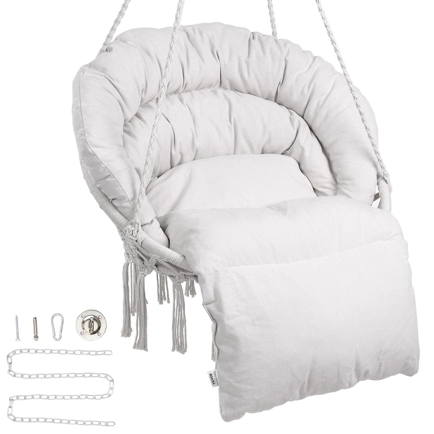 Hammock Chair, 150 kg Load Capacity, Macrame Hammock Chair with Cushion and Mounting Hardware, Cotton Rope Swing Chair for Bedroom, Balcony, Terrace, Garden, Beige