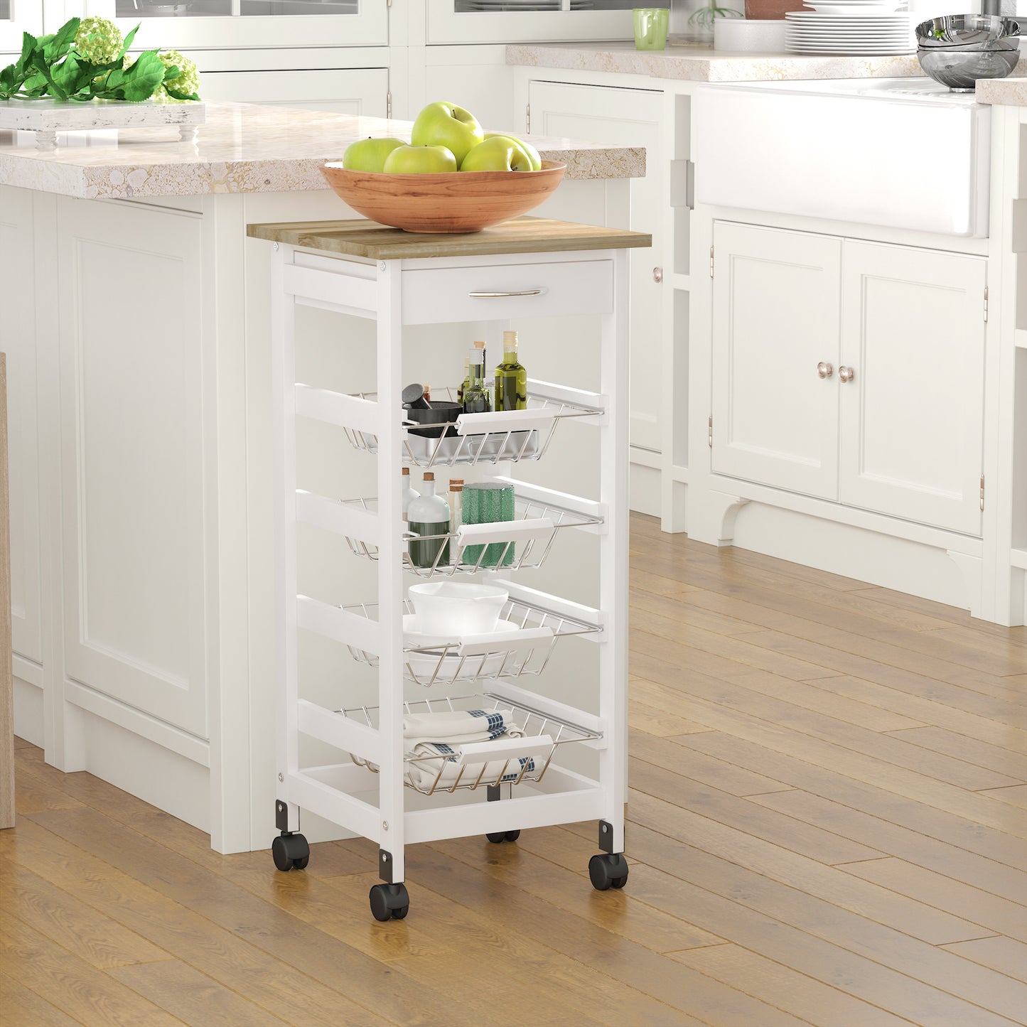 White Wooden Mobile Kitchen Cart