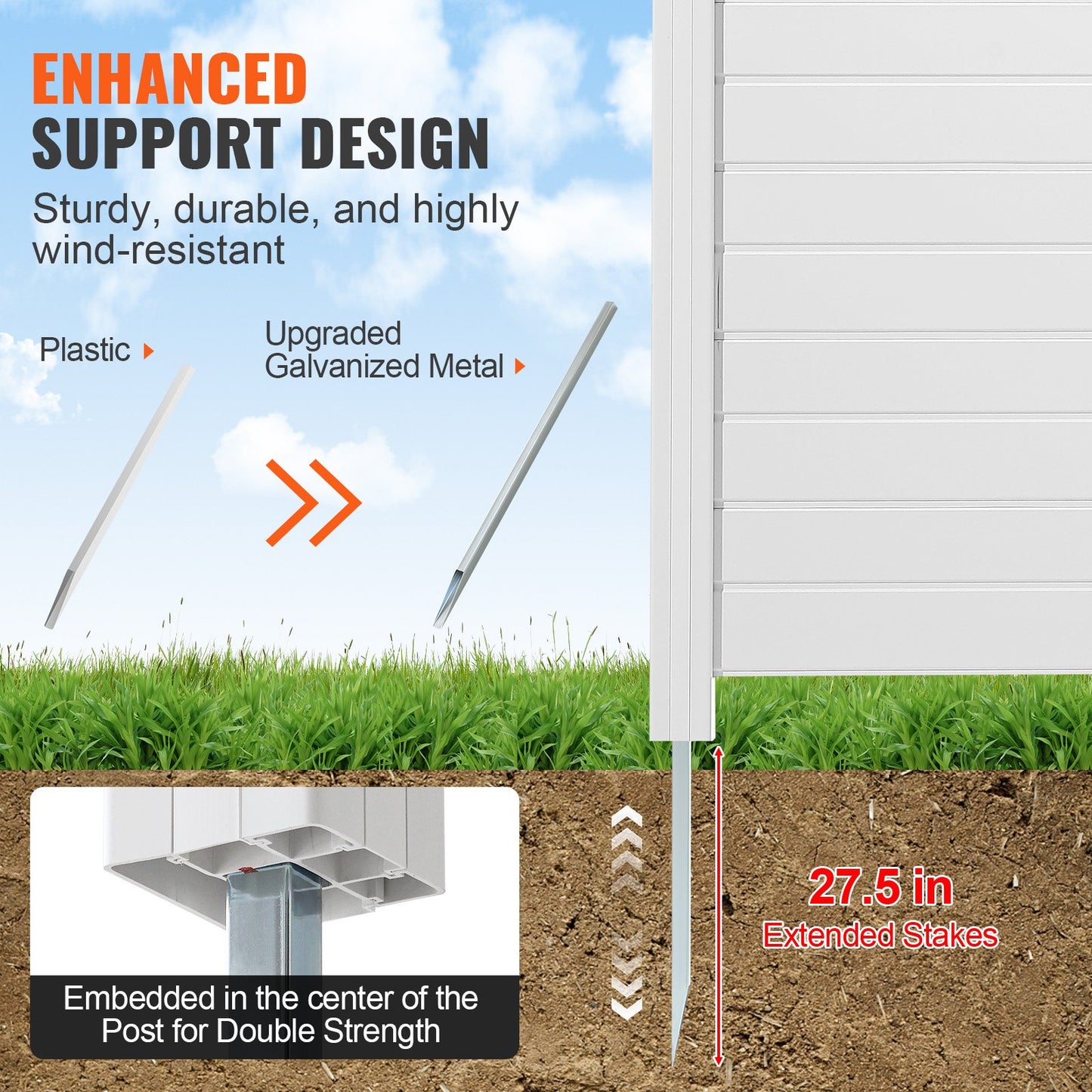 4x Garden Fence Panels 122x122cm Privacy Fence PVC and Galvanized Sheet Metal Ground Spike Windbreak Metal Posts Up to 50cm Slat Fence Plug-in Fence Privacy Screen Ideal for Pool Equipment Air Conditioners