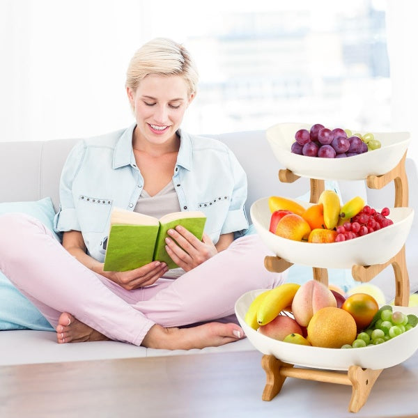 3-Tier Fruit Bowl – Multi-tiered Serving Platter with Wooden Stand