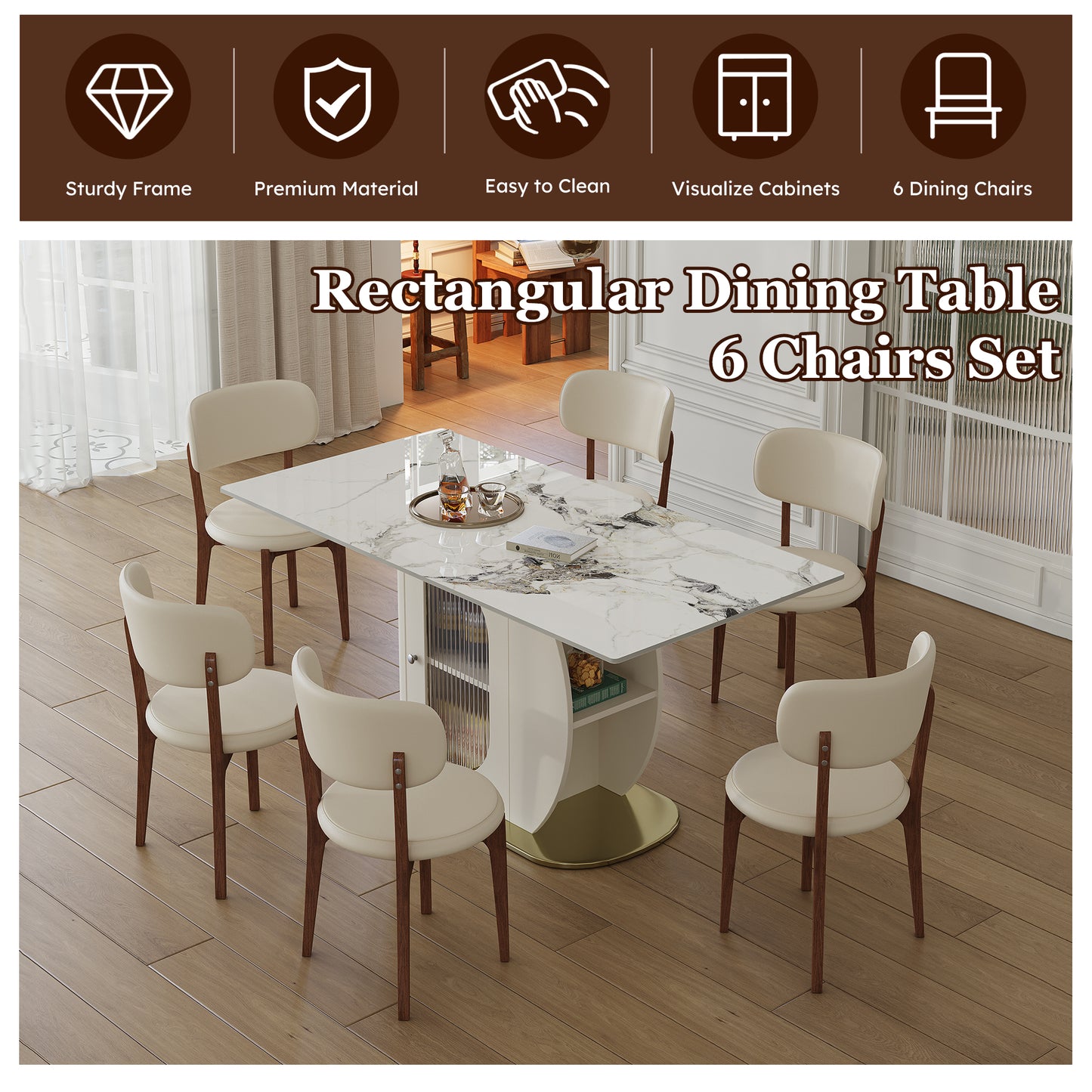 63 Modern 4-6 Person Dining Table Set With Storage, Burnt Stone Tabletop & Gold Solid Wood Base, Includes 6 White PU Chairs For Kitchen, Apartment