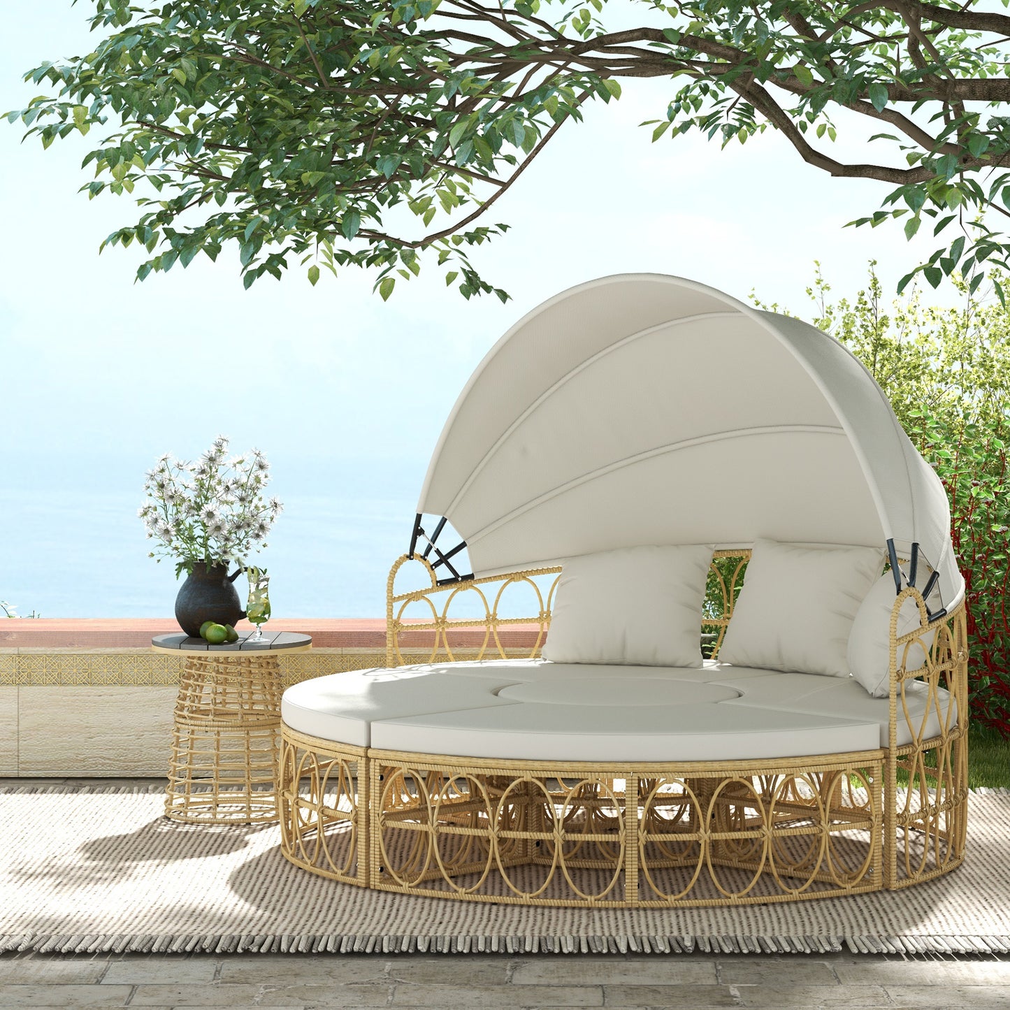 Patio Furniture Set, Round Outdoor Daybed with Ret retractable Canopy, Hollow Wicker PE Rattan Sectional Sofa with Washable Couch Cushions for Pool, Lawn, Cream White