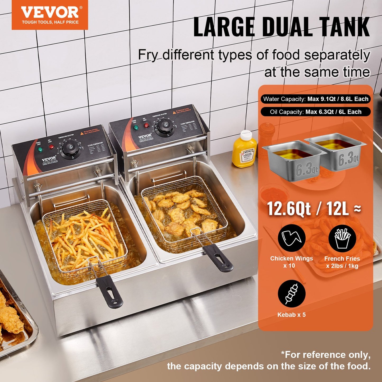 Commercial Electric Deep Fryer, 24L Large Countertop Electric Deep Fryer with Removable Double Basket, 5000W Stainless Steel Double Fryer for Kitchen, Restaurant