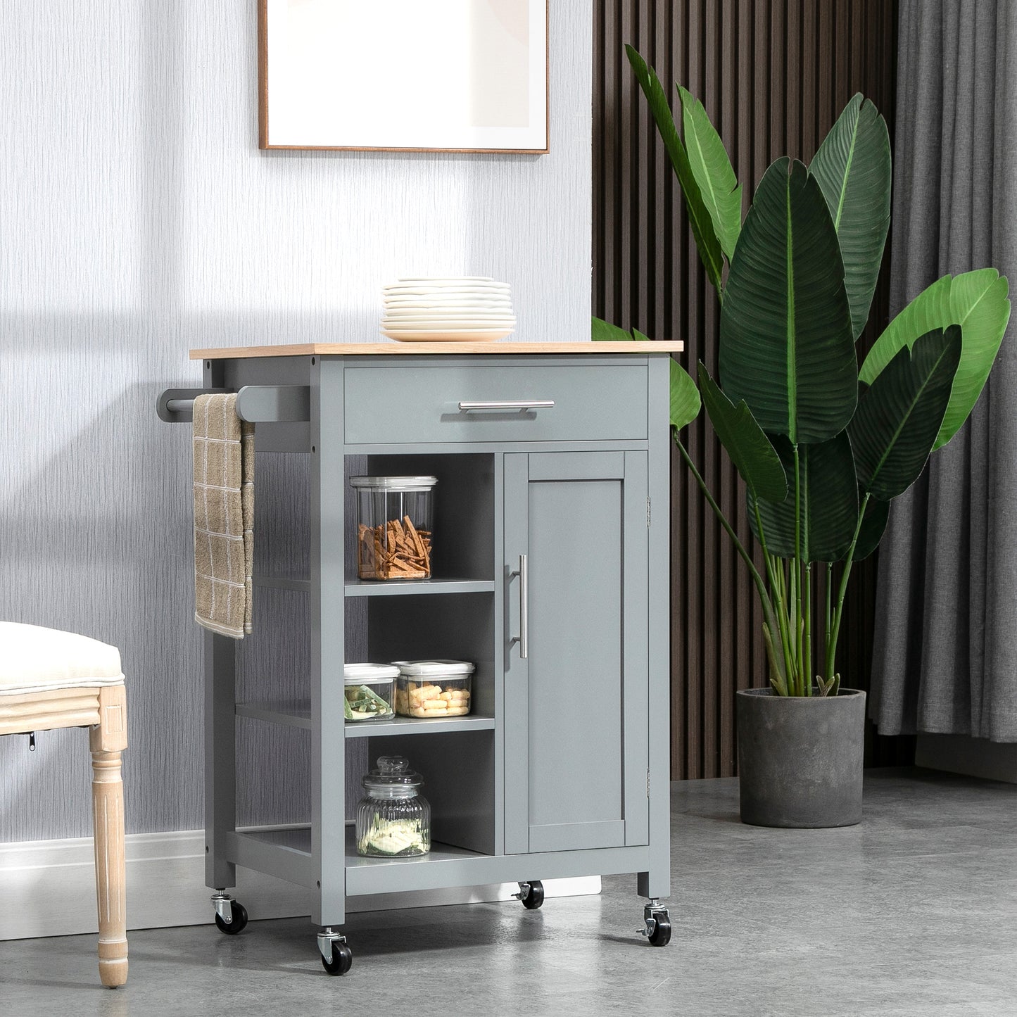 Rolling kitchen cart with cabinet